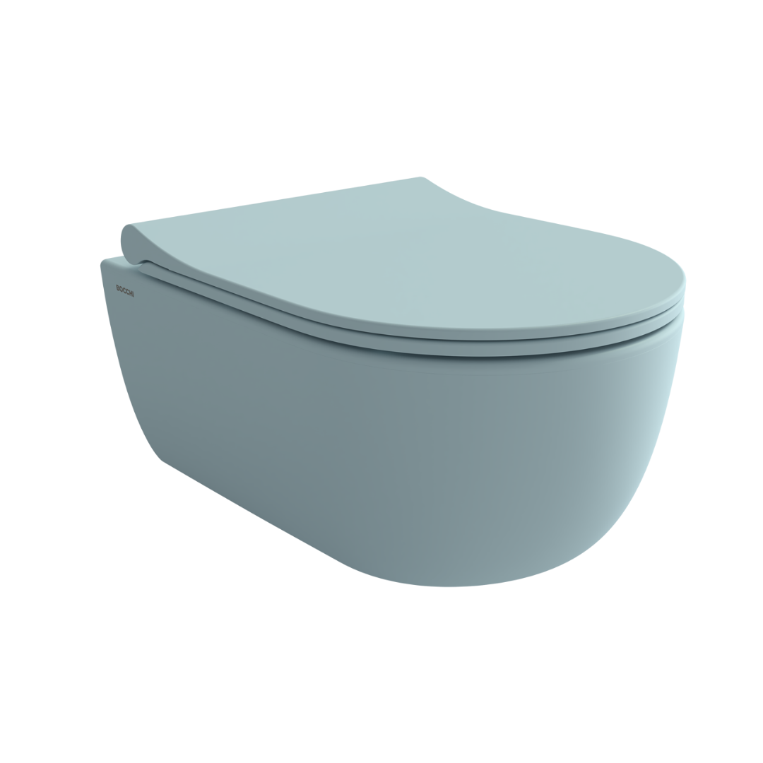 Bocchi 1417-029-0128 V-Tondo Rimless Kısa Asma Klozet ve Kapağı Mat Buz Mavisi