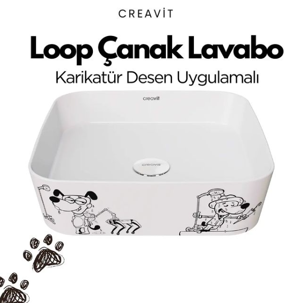 CREAVİT LP040 Kare Çanak Lavabo 40 cm Karikatür Desen Uygulamalı