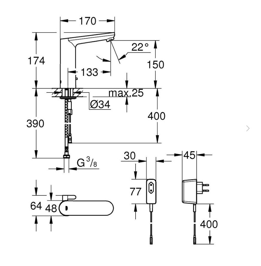 Grohe 36421000 Fotoselli Lavabo Bataryası Elektrikli çift su giriş