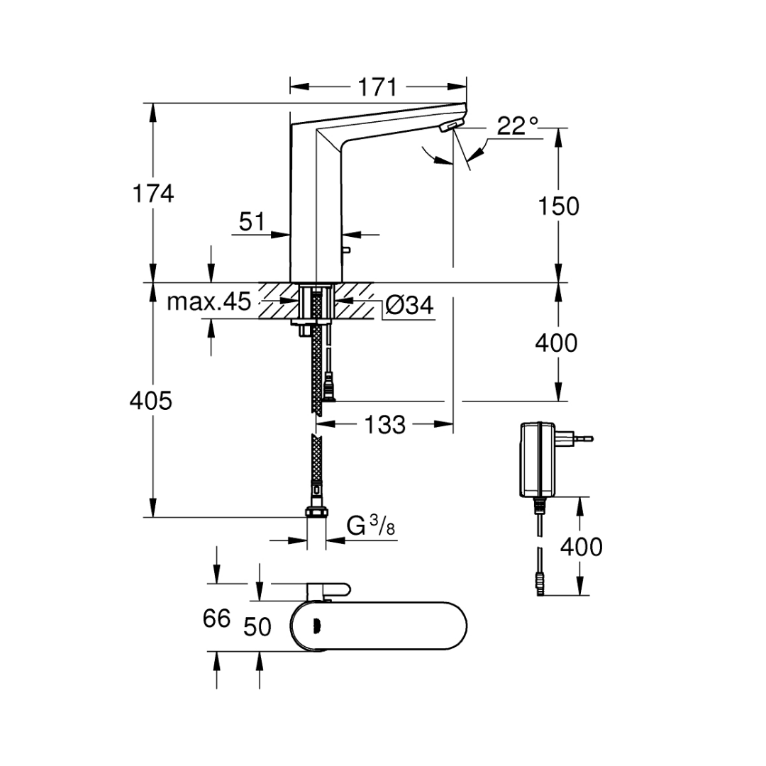 Grohe Fotoselli Lavabo Bataryası Elektrikli Çift Su Giriş 36421001