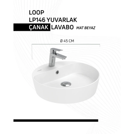 Creavit LP146 Loop 45cm Masa Üstü Çanak Lavabo Mat Beyaz