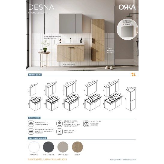 Orka Desna 50 cm Asma Banyo Dolabı Set, Dolaplı Ayna Çöl Beji