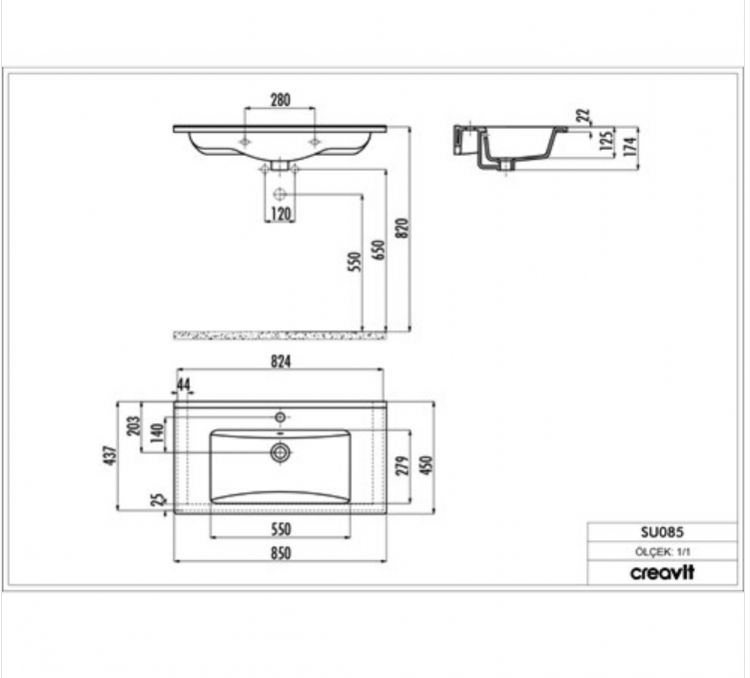Creavit SU085 Su Dolap Uyumlu Lavabo 45X085cm Beyaz