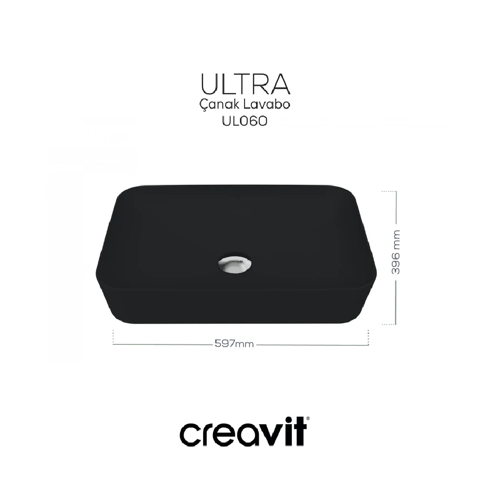 CREAVİT UL060-00SM Ultra Tezgah Üstü 40X60 cm Mat Siyah Lavabo