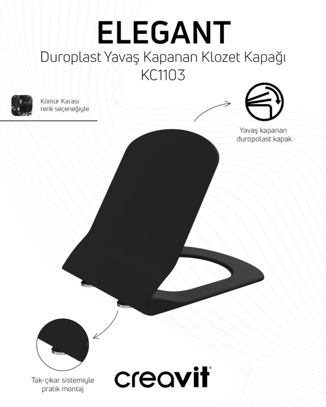 Creavit Elegant Rim-Off Duroplast Yavaş Kapanan Klozet Kapaklı Kömür Karası Set EG321-34KK
