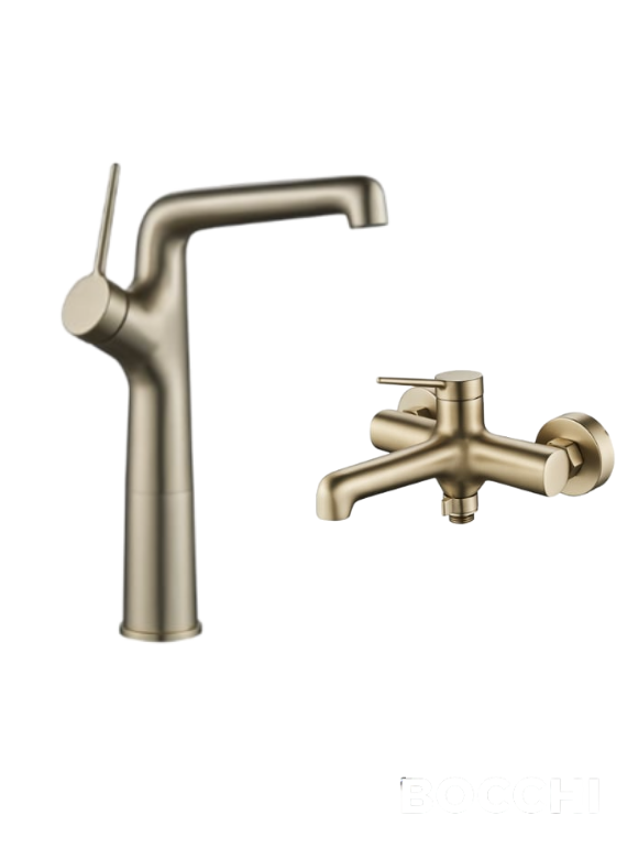 Creavit Flow Tezgah Üstü Yüksek Lavabo ve Banyo Armatürü Seti Brush Gold (Fırçalı Mat Altın)