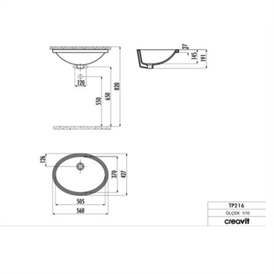 Creavit TP216 Tezgah Altı Oval Lavabo 37X51 cm Beyaz