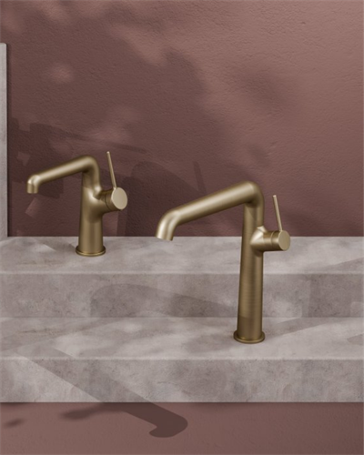 Creavit Flow Tezgah Üstü Yüksek Lavabo ve Banyo Armatürü Seti Brush Gold (Fırçalı Mat Altın)