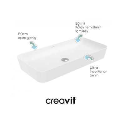 CREAVİT UL080 Ultra Tezgah Üstü Lavabo Beyaz 80 cm