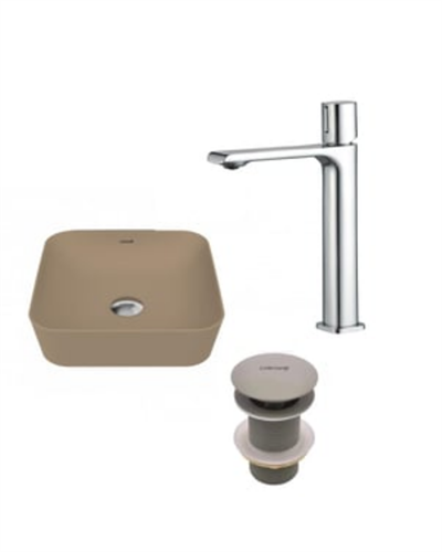 Creavit Ultra Tezgah Üstü Lavabo Ve Alfa Çanak Armatür Seti Mat Cappuccino