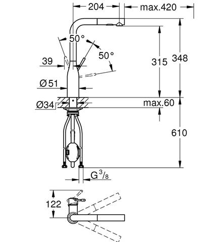 Grohe 30504GL0 Eviye Bataryası Spiralli 2 Fonk Essence Cool Sunrise Cool Sunrise 