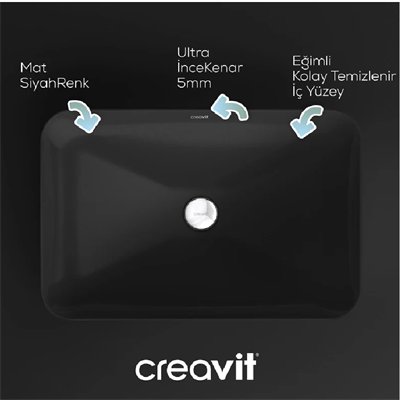 CREAVİT UL060-00SM Ultra Tezgah Üstü 40X60 cm Mat Siyah Lavabo