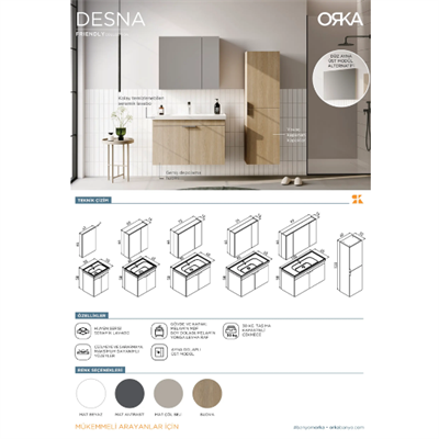 Orka Desna 80 cm Takım Ayna Dolaplı Açık Ceviz