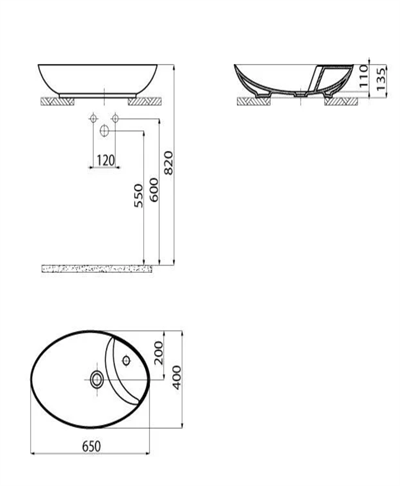 Creavit PR065 -00CB00E-0000 Petra Oval Asimetrik Tezgah Üzeri Lavabo 40x65cm
