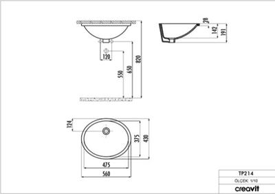 Creavit TP214 Tezgah Altı Oval Lavabo 37X47 cm Beyaz