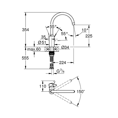 Grohe Eviye Bataryası Döner Borulu Eurosmart Cosmo Krom 32843002