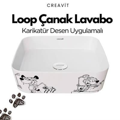 CREAVİT LP040 Kare Çanak Lavabo 40 cm Karikatür Desen Uygulamalı