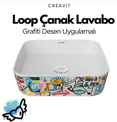 Creavit LP040 Loop Kare Çanak Lavabo 40 cm Grafiti Desen Uygulamalı