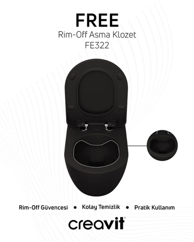Creavit Free Rim-Off Duroplast Yavaş Kapanan Klozet Kapaklı Kömür Karası Set FE322-00KK