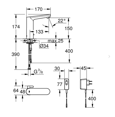 Grohe 36421000 Fotoselli Lavabo Bataryası Elektrikli çift su giriş