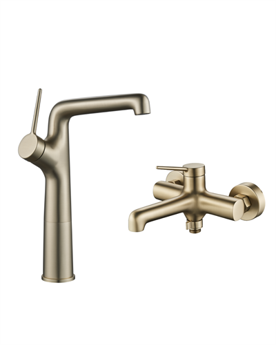 Creavit Flow Tezgah Üstü Yüksek Lavabo ve Banyo Armatürü Seti Brush Gold (Fırçalı Mat Altın)