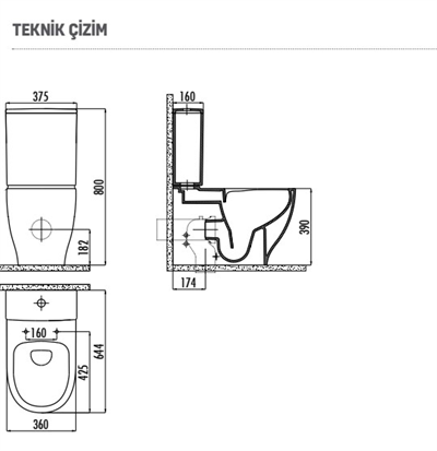 CREAVİT MA361 Mare Rim-Off Duvara Dayalı Klozet, Yavaş Kapanan Kapak ve İç Takım Set