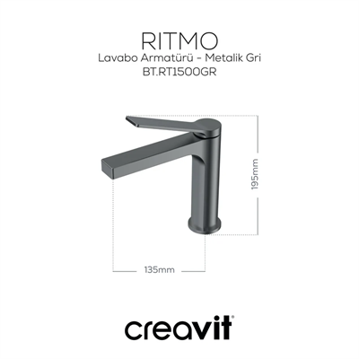 CREAVİT Ritmo Lavabo Armatürü Metalik Gri RT1500GR - HBCV00005AEUI1