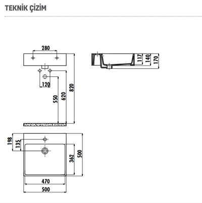 CREAVİT NX256 SET ÜSTÜ ÇANAK DÜZ LAVABO 50x50