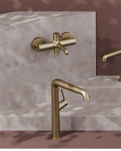Creavit Flow Tezgah Üstü Yüksek Lavabo ve Banyo Armatürü Seti Brush Gold (Fırçalı Mat Altın)