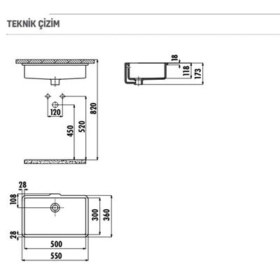 Creavit TP730 Tezgah Altı Dikdörtgen Hilton Lavabo 30X50 cm Beyaz