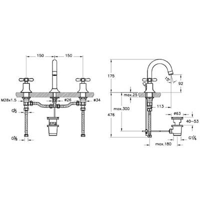 Juno Classic Lavabo bataryası (3 delikli lavabolar için-sifon kumandalı) krom