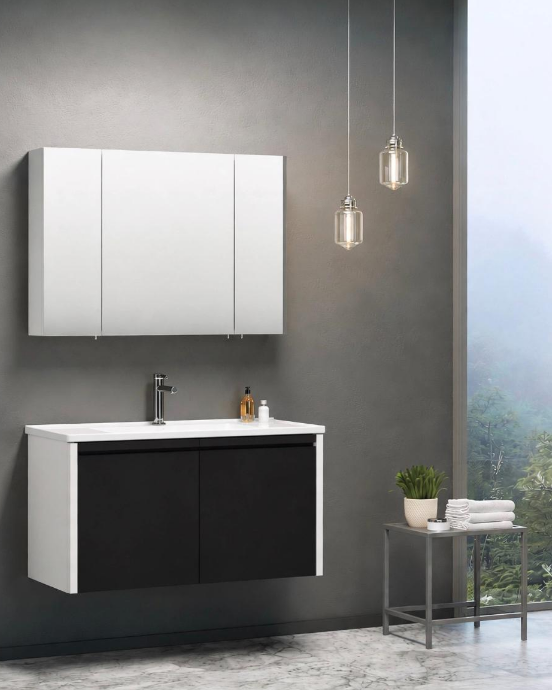 Orka Terme 100 CM Kapaklı Banyo Dolabı Takım Parlak Siyah