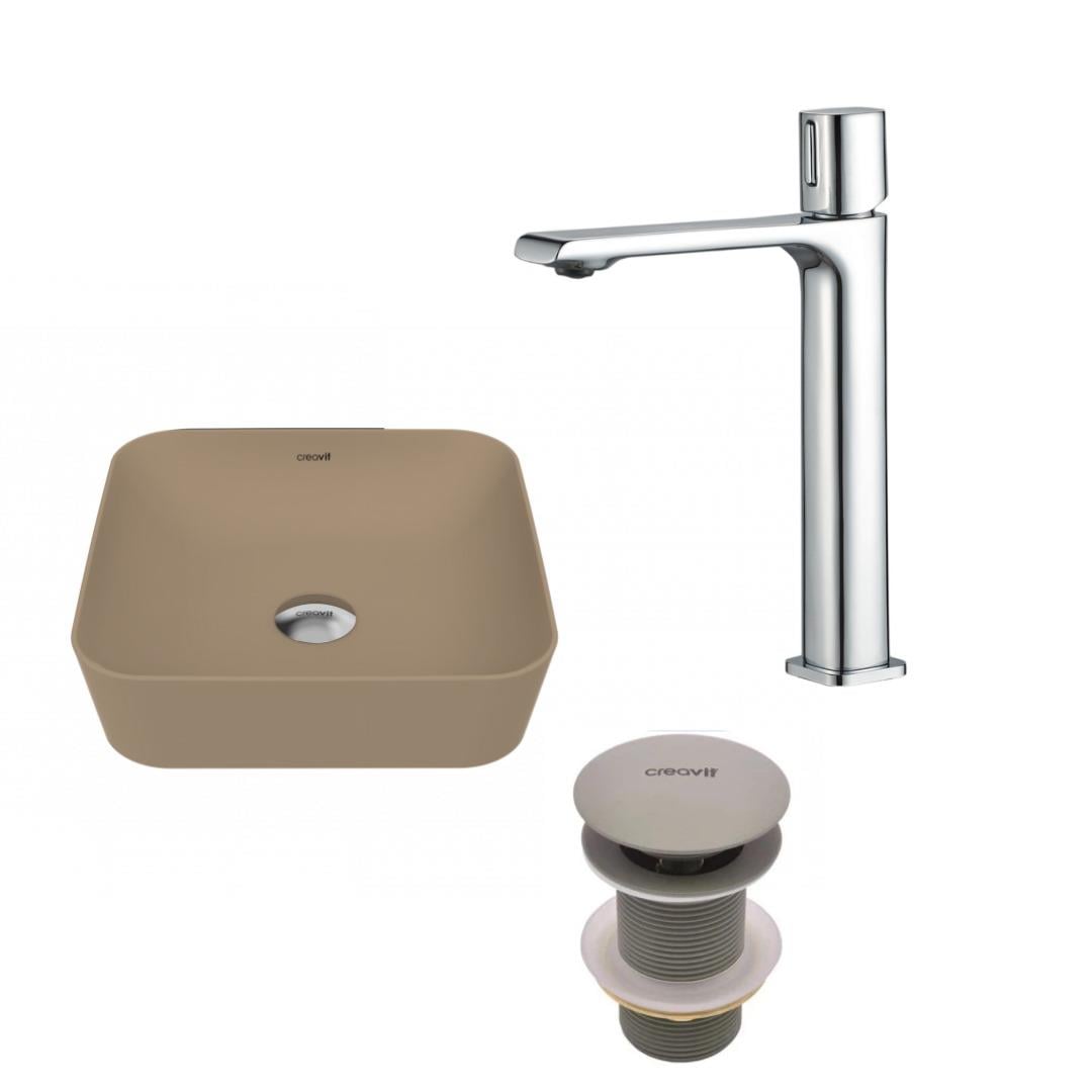 Creavit Ultra Tezgah Üstü Lavabo Ve Alfa Çanak Armatür Seti Mat Cappuccino