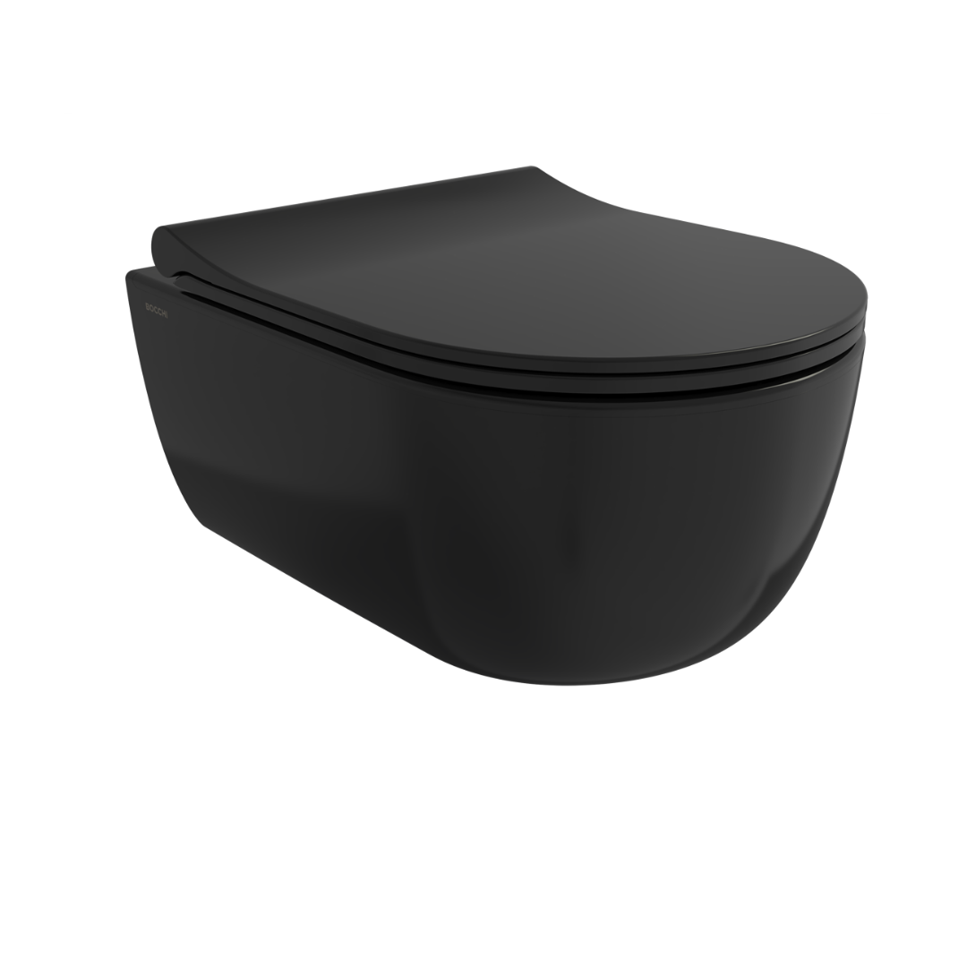 Bocchi 1417-005-0128 V-Tondo Rimless Kısa Asma Klozet Parlak Siyah  Kapak Dahil