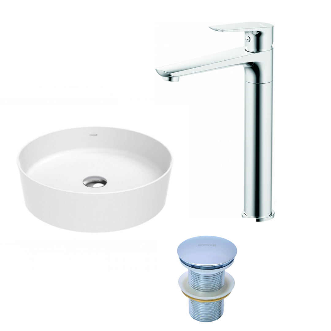 Creavit Loop Tezgah Üstü Lavabo Ve Solo Yüksek Armatür Seti Krom