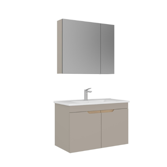 Orka Lena 85 cm Ayna Dolaplı Kapaklı Banyo Dolabı Takımı Mat Çöl Beji
