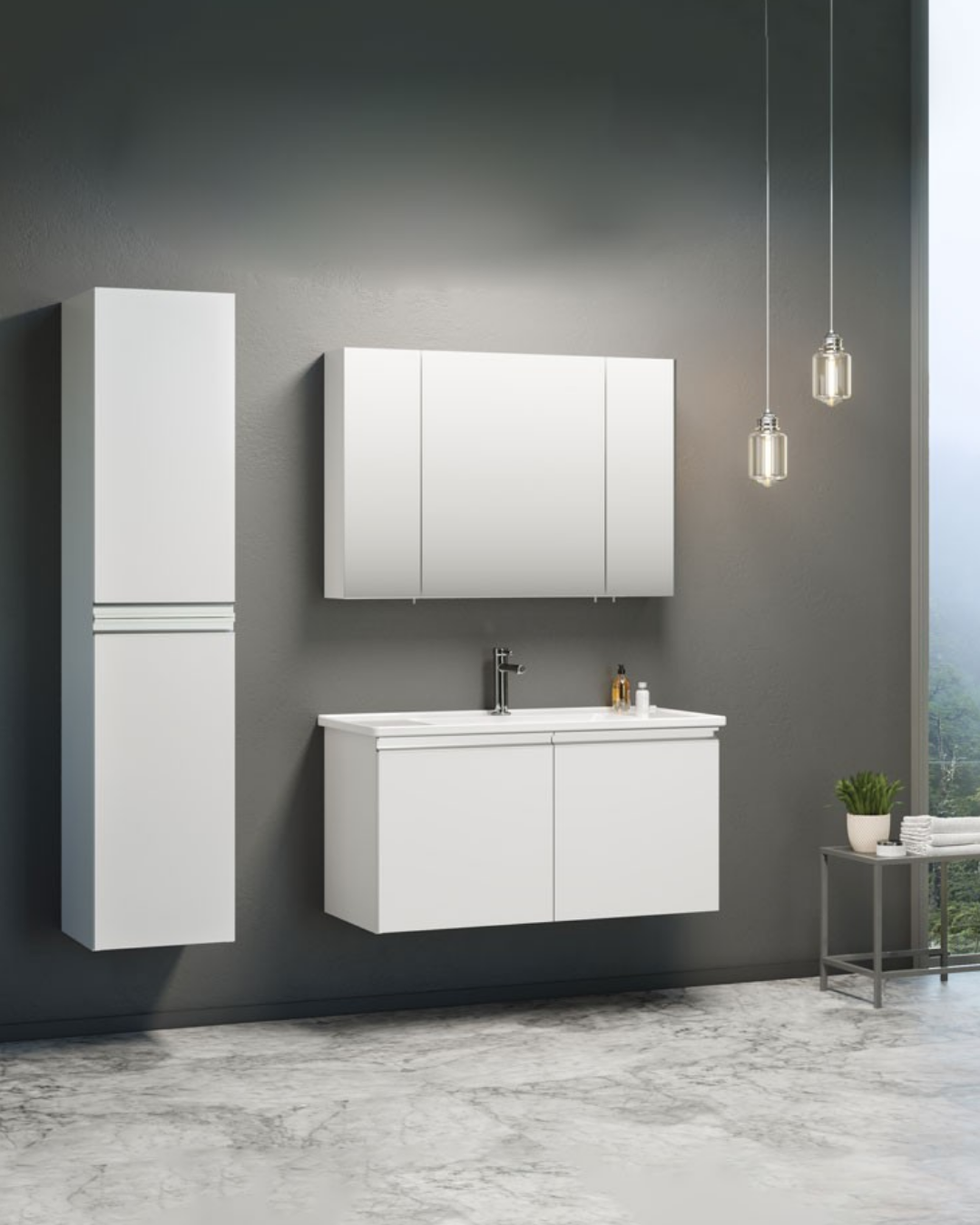 Orka Terme Kapaklı 100 cm Parlak Beyaz Banyo Dolabı