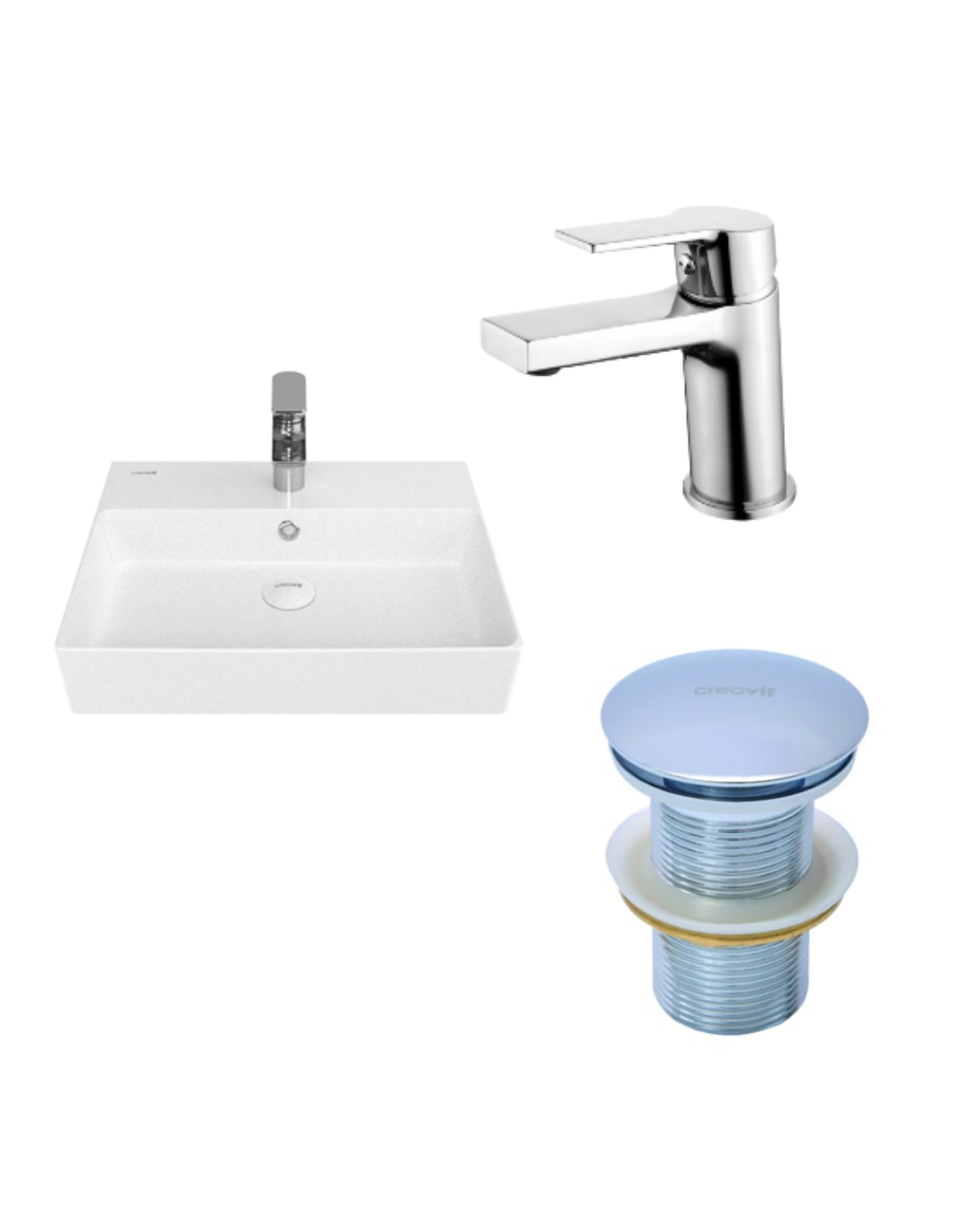 Creavit Volga Tezgah Üstü Kare Lavabo Luna Yüksek Armatür Set Krom VX242+LN1500