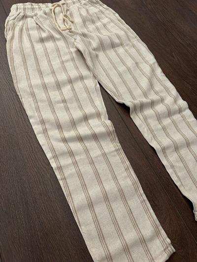 Argin Çizgili Keten Pantolon - Bej