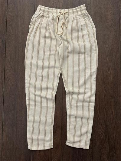 Argin Çizgili Keten Pantolon - Bej