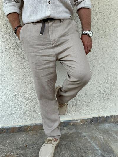 Beli Kemerli Lınen Kumaş Pantolon - Bej