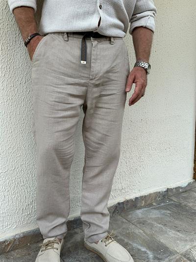 Beli Kemerli Lınen Kumaş Pantolon - Bej