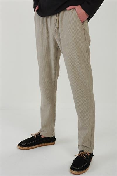 Beli Lastikli Çizgili Keten Pantolon