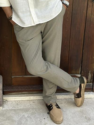 Beli Lastikli Çizgili Keten Pantolon