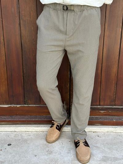 Beli Lastikli Çizgili Keten Pantolon