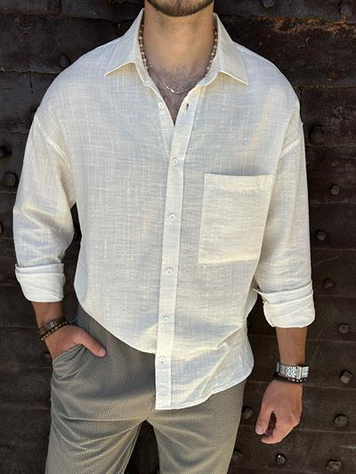 Cep Detaylı Ekru Keten Gömlek