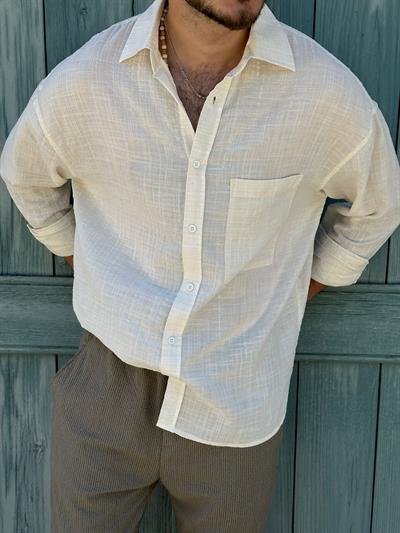 Cep Detaylı Ekru Keten Gömlek