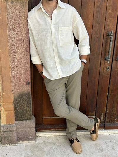 Cep Detaylı Ekru Keten Gömlek