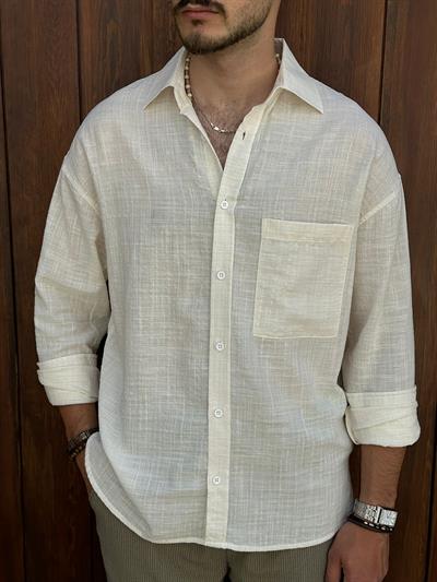 Cep Detaylı Ekru Keten Gömlek