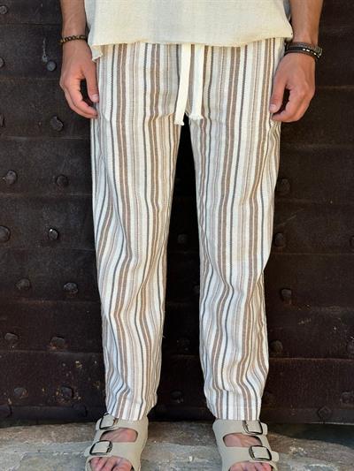 Çizgili Kahverengi %100 Pamuk Pantolon 